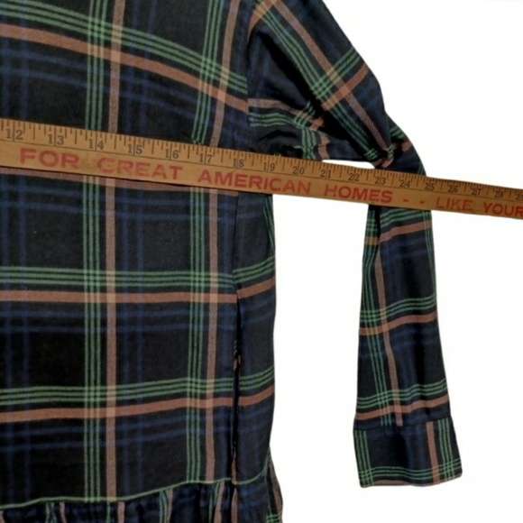 UNIQLO Soft Flannel Long Sleeve Tiered Black Green Blue Plaid Print Mini Dress - Picture 6 of 9